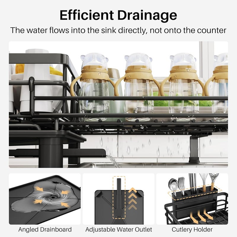 SNTD Dish Drying Rack - Extendable Dish Rack, Large Sink Drying Dish Drainer for Kitchen Counter, Stainless Steel Dish Strainer with Utensil Holder (Black) - Image 5